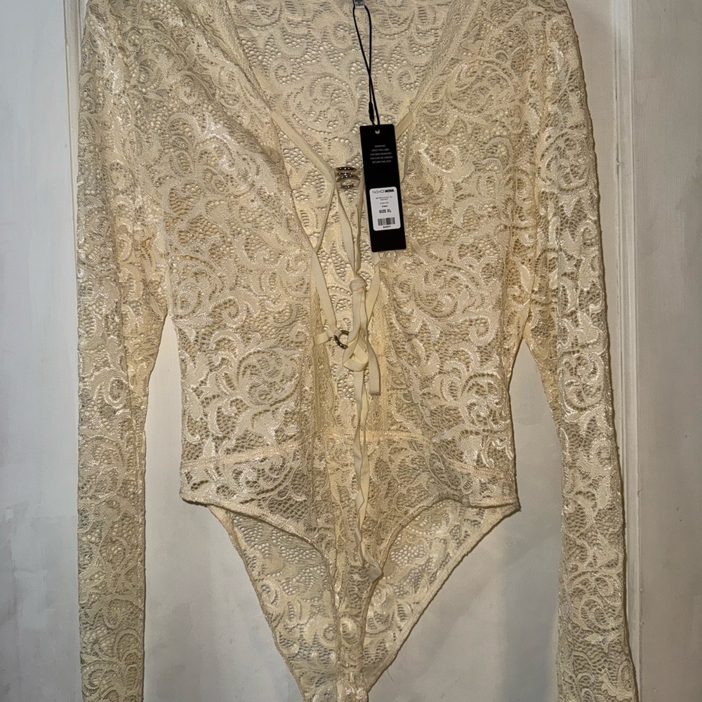 Fashion Nova Cream Long Sleeve Tie Front Bodysuit